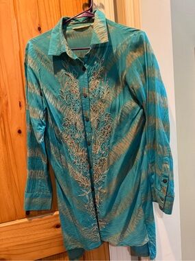 Soft Surroundings Turquoise and Gold Embroidered Button-Front Skirt